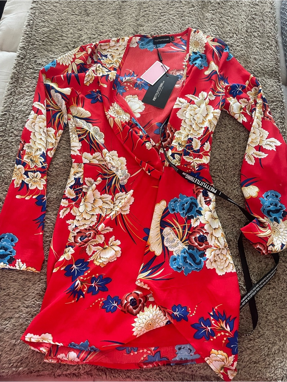 PrettyLittleThing Red Floral Wrap Mini Dress with Blue Accents